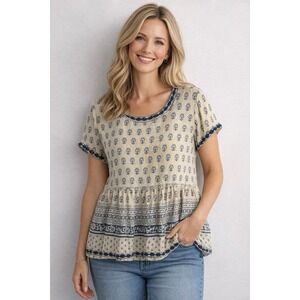 Sigrid Olsen Womens M Beige Blue Short Sleeve Modal Top Lace Trim Peasant Boho